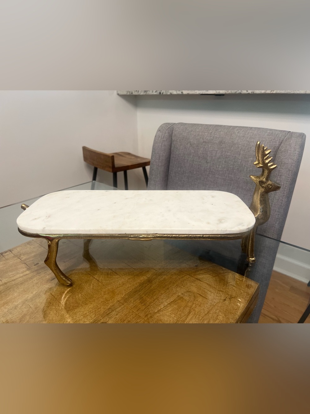 Large marble and gold-finish metal stag serving tray